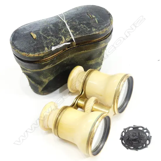 ANTIQUE OPERA BINOCULARS IVORY COVERS + EBONISED BROOCH