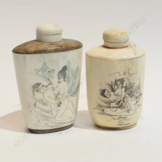 2 ORIENTAL CARVED BONE EROTIC SNUFF BOTTLES