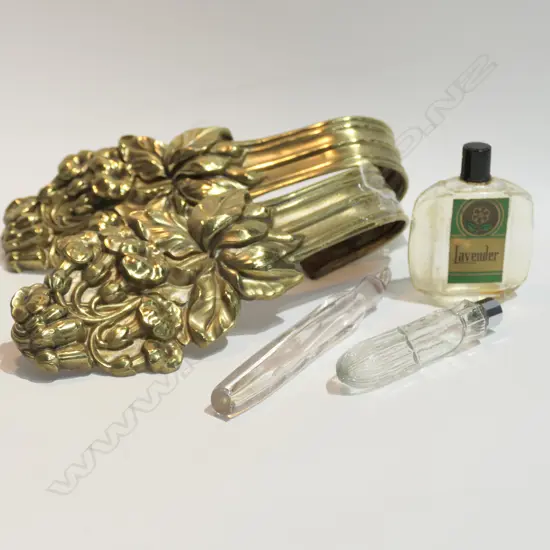 2 BRASS CURTAIN HOLD BACKS & 3 OLD PERFUME BOTTLES