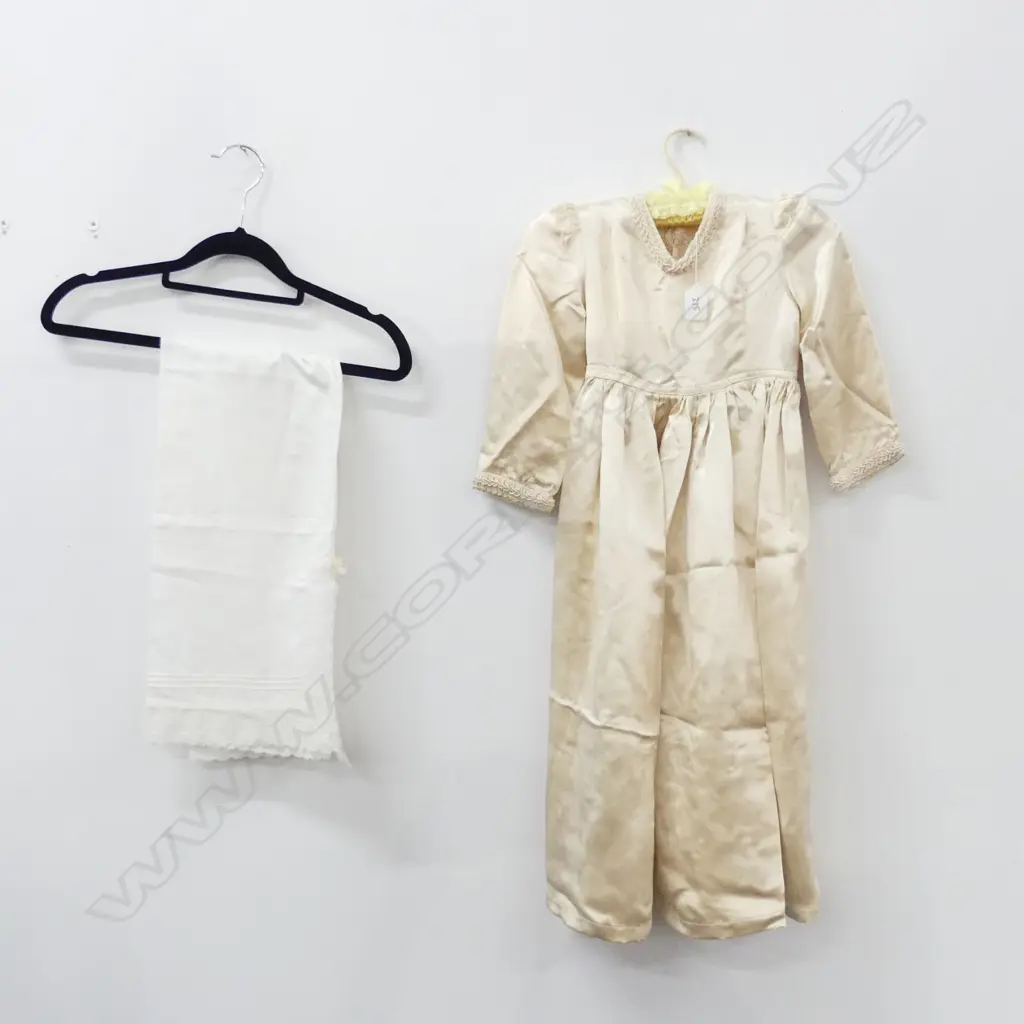 VINTAGE PALE CREAM SATIN CHILD'S CHRISTENING GOWN & EARLY 20THC LINEN & LACE PETTICOAT Image 1++