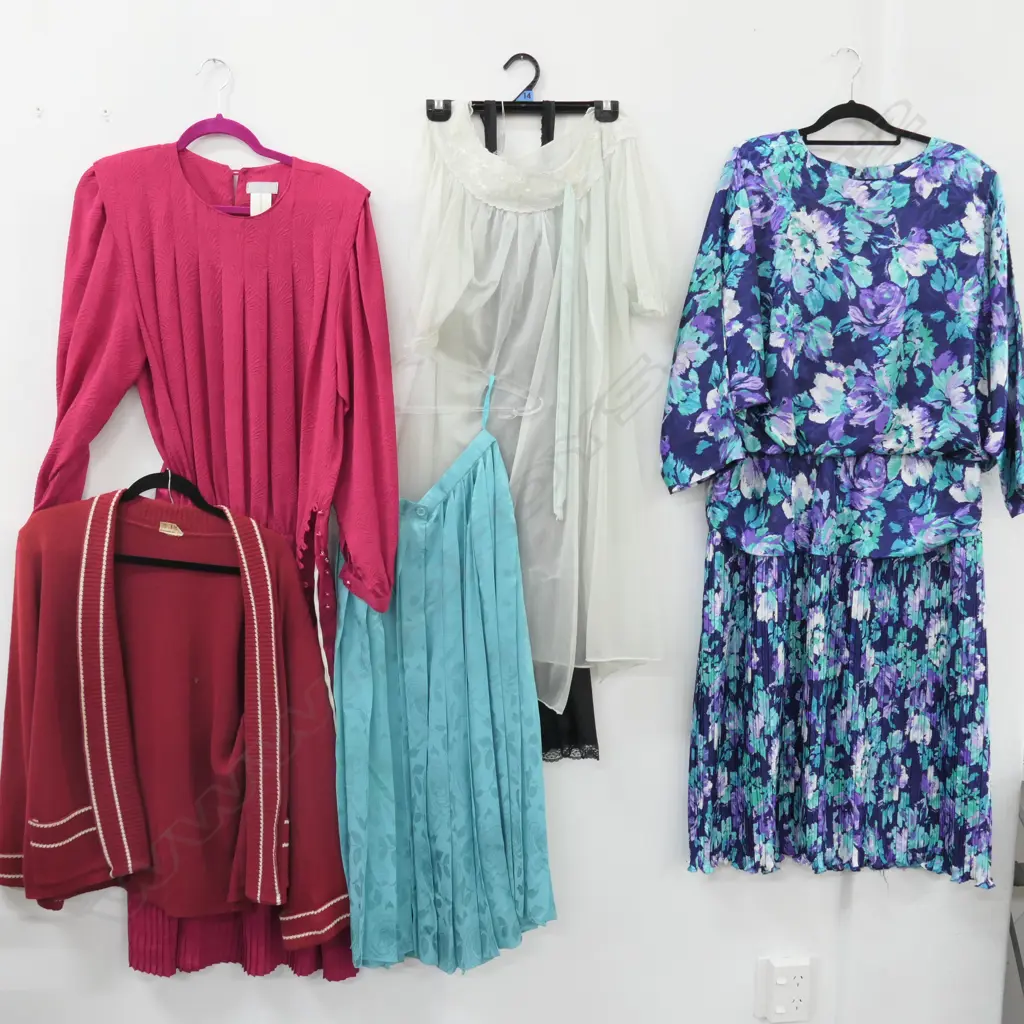 2 VINTAGE DAY DRESSES; 1 CARDY; 1 SILK SKIRT; & 2 OTHERS Image 1++