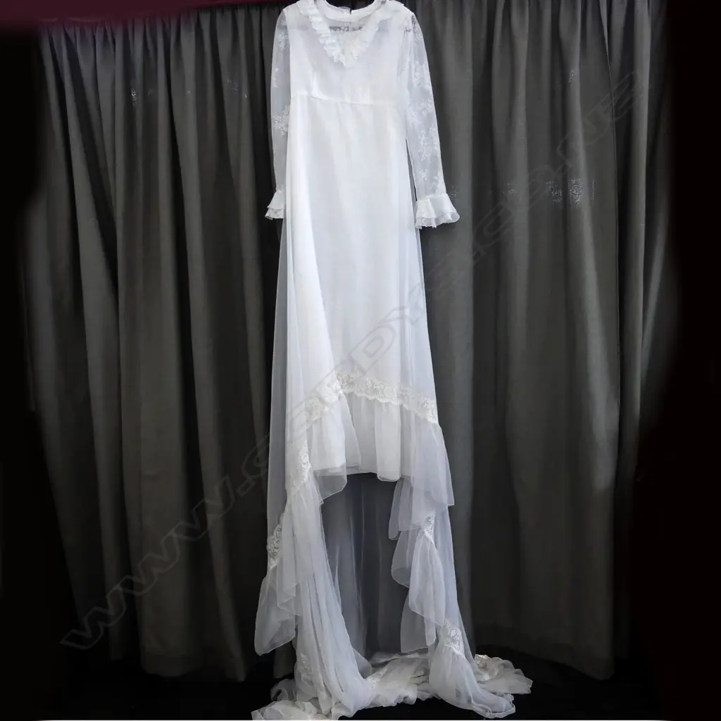 WEDDING DRESS, WHITE CHIFFON, WITH FRILLS/LONG TRAIN Image 1++