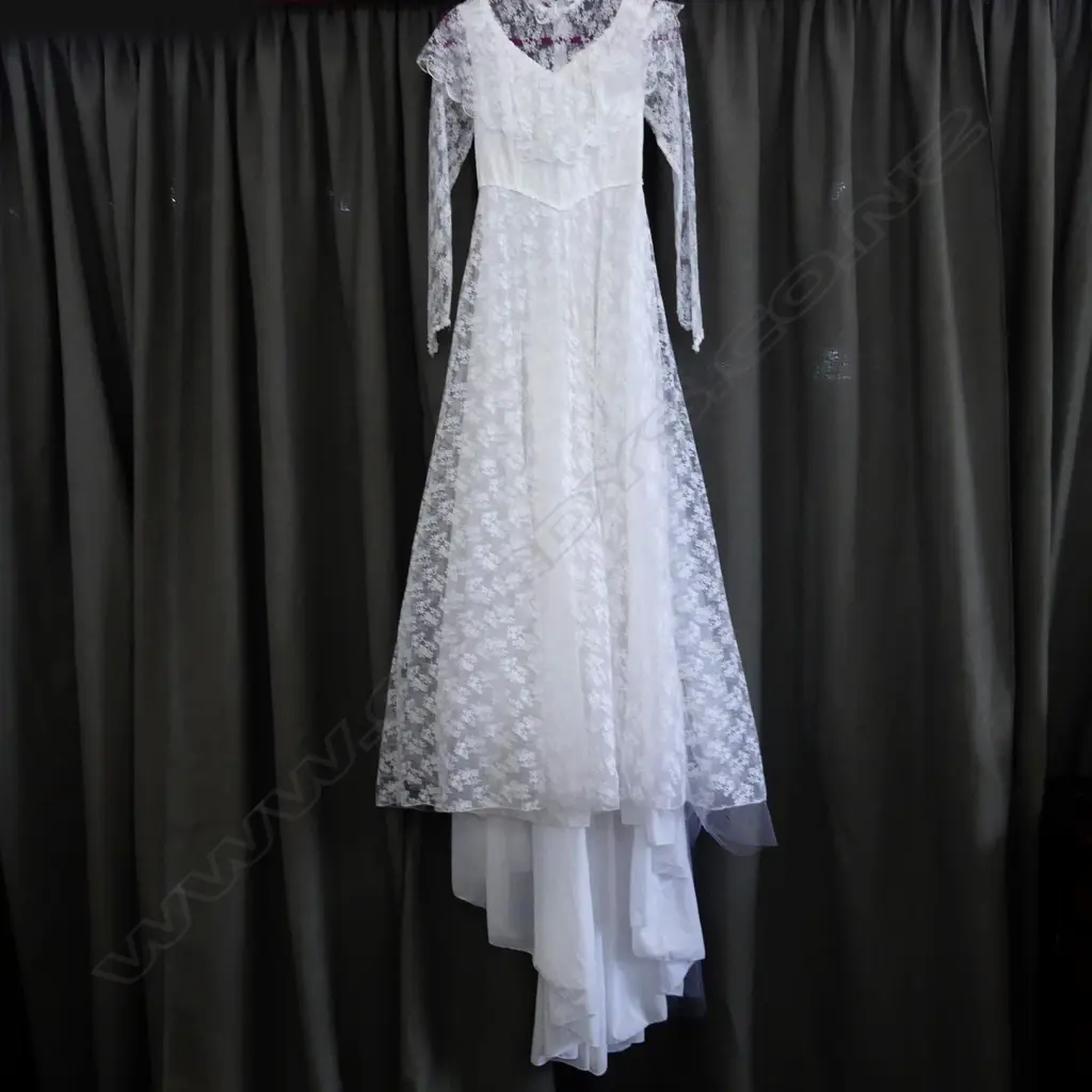 WEDDING DRESS, WHITE/ FULL LACE/ HIGH NECK LINE/ FRILLS Image 1++