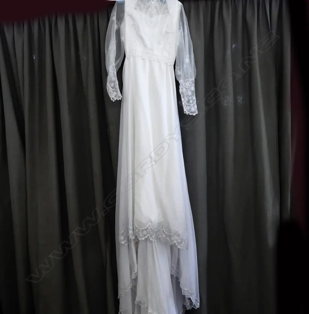 WEDDING DRESS, WHITE SATURN/ LACE BODICE/ LONG TRAIN. PEARL BUTTONS DOWN BACK Image 1++