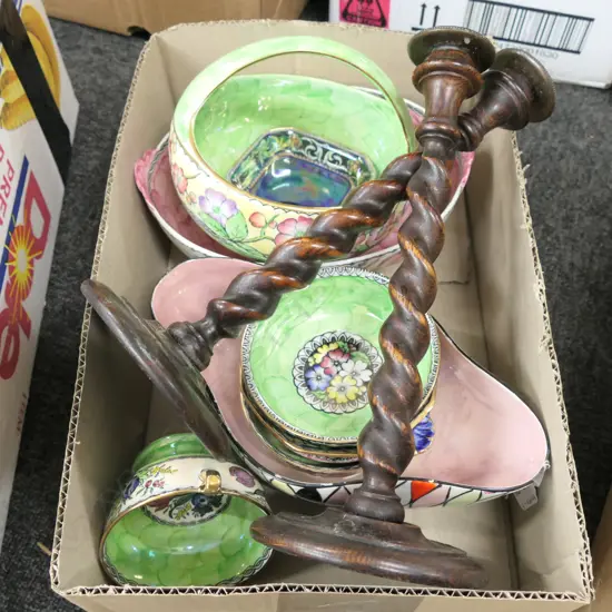 BOX ASSTD. 9X MALING CHINA & PAIR OF CANDLESTICKS