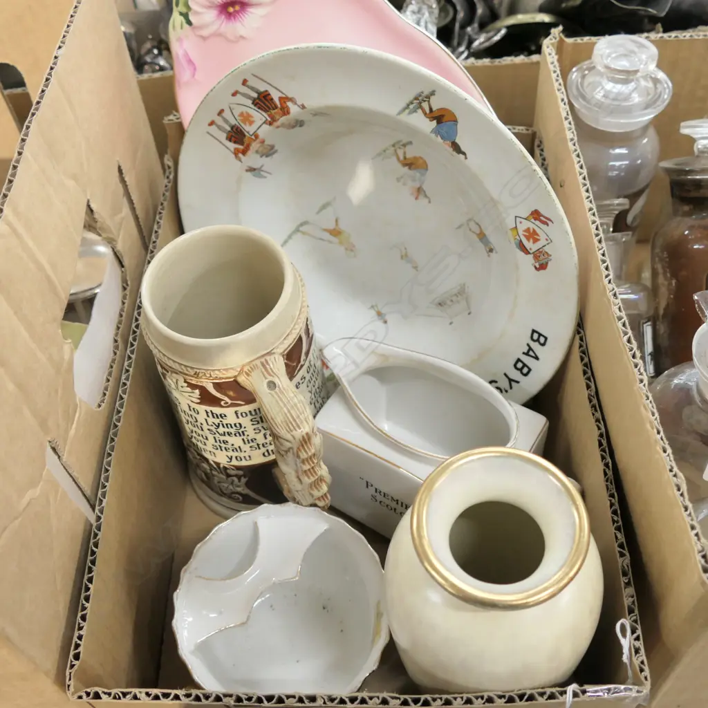 SM BOX ASSORTED CHINA; GERMAN STEIN, EARLY 1920S CHILD'S PLATE, MOUSTACHE MUG & OTHERS Image 1++