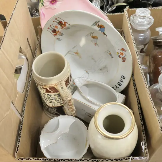 SM BOX ASSORTED CHINA; GERMAN STEIN, EARLY 1920S CHILD'S PLATE, MOUSTACHE MUG & OTHERS