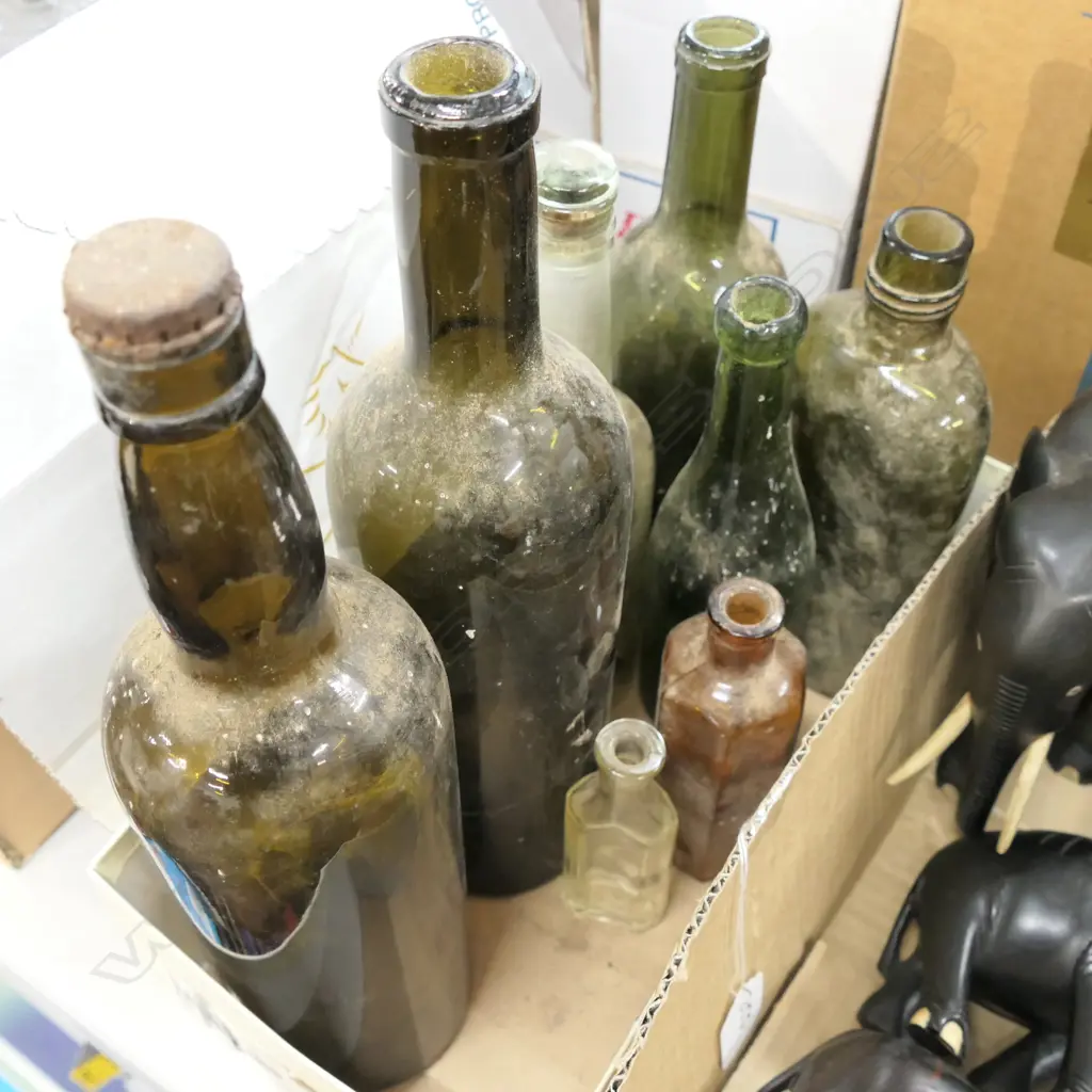 BOX ASST GLASS BOTTLES SOME ANTIQUE / HANDBLOWN ETC Image 1++