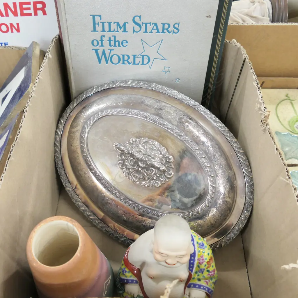 BOX ASST INCL. POTTERY VASE / EP TUREEN / BOOKS ETC Image 1++