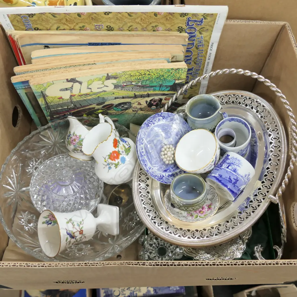 BOX LOT EPNS, CRYSTAL, CHINA (SPODE, AYNSLEY), GILES CARTOONS, WWII ERA TIME MAGAZINES Image 1++