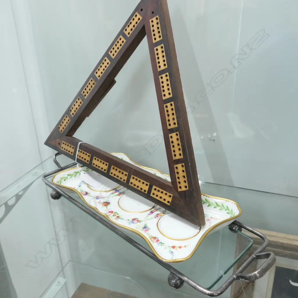 GLASS TRAY, INKSTAND BASE ONLY & TRIANGULAR CRIBBAGE BOARD Image 1++
