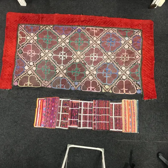 NGAIRE HART ESTATE COLLECTION: TEXTILES: EMBROIDERED SUZANI (WEDDING HALL HANGING?) 2100 X 1150mm & HMONG(?) PANEL