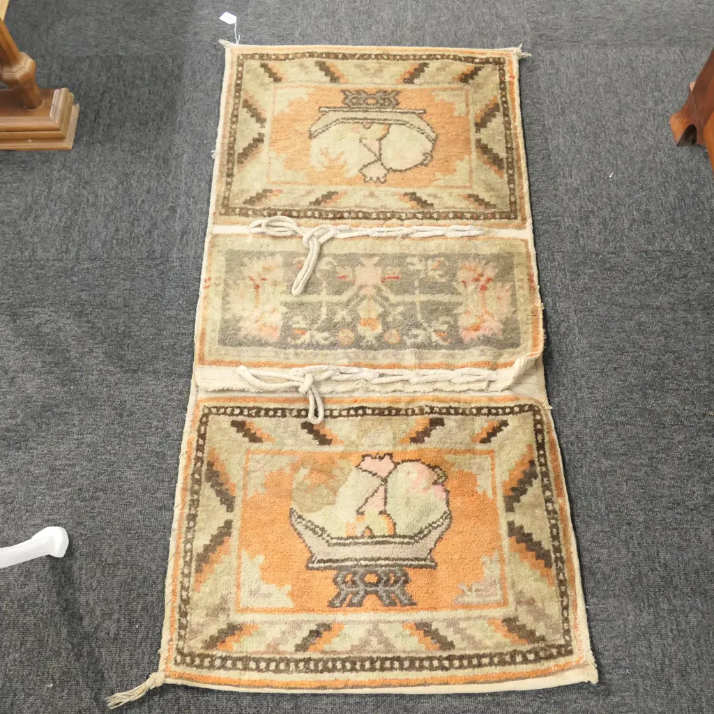 NGAIRE HART ESTATE COLLECTION: TEXTILES: OLD ANATOLIAN SADDLE BAG (1220 x 600mm) & V.OLD DISTRESSED BALUCHI TRIBAL MAT Image 1++