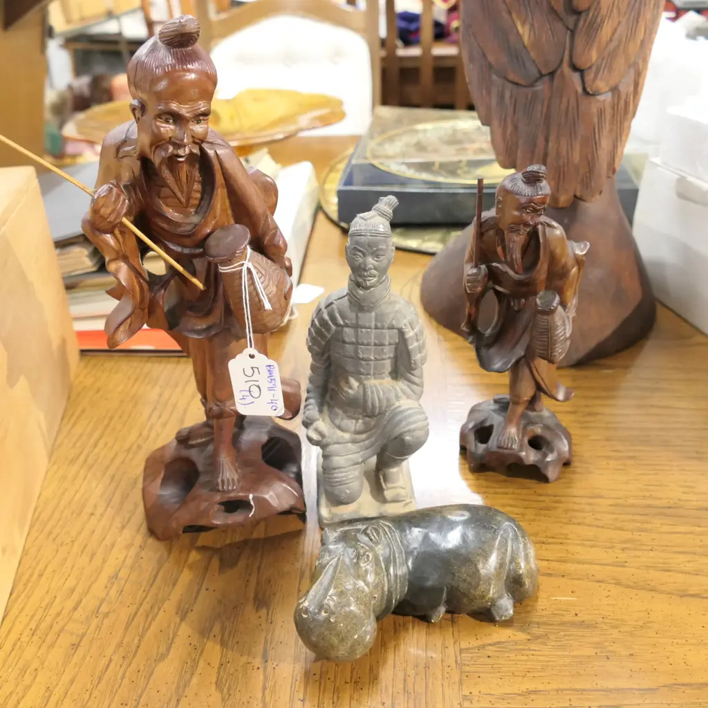 TWO ASIAN FISHERMEN FIGURINES, KNEELING WARRIOR, STONE HIPPO. Image 1++