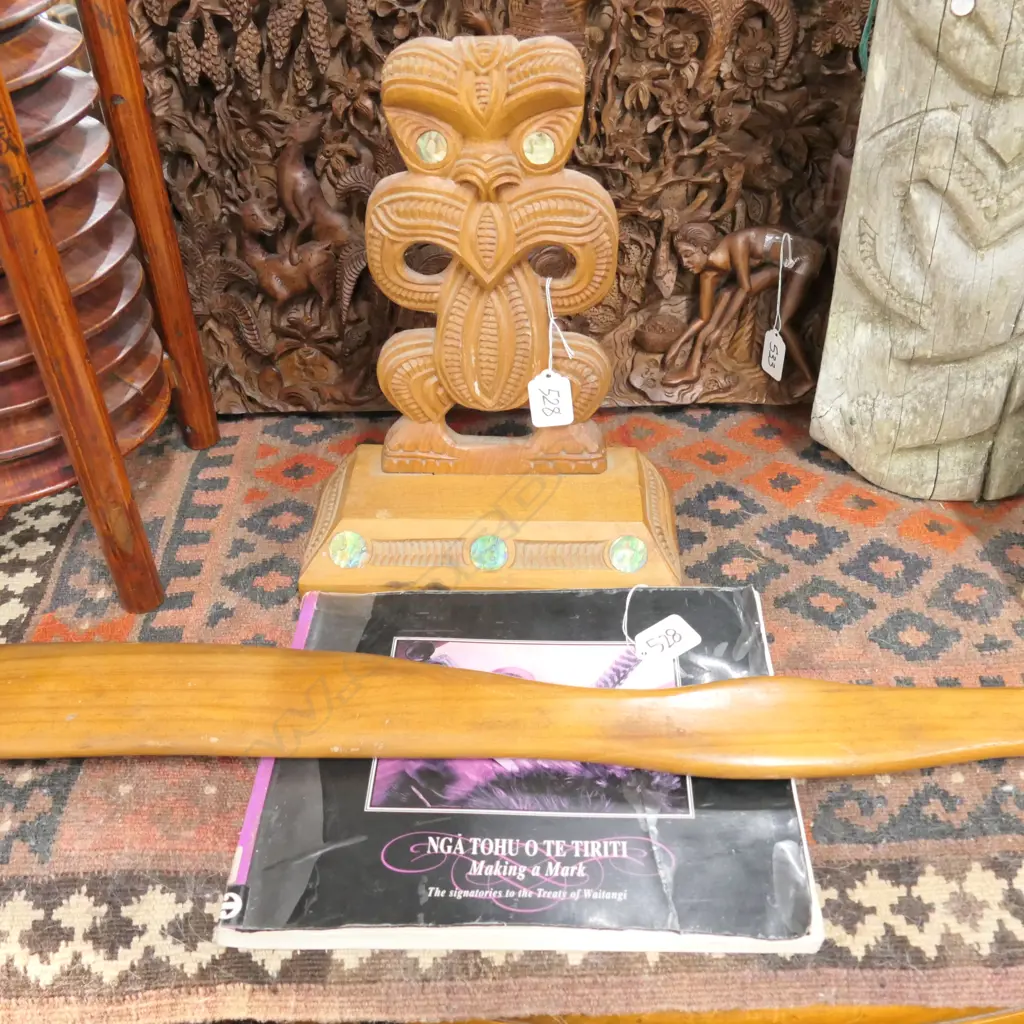 SGN BOOK, "MAKING A MARK" BY MIRIA SIMPSON; MAORI CARVED FIGURE; WOODEN WEAPON Image 1++
