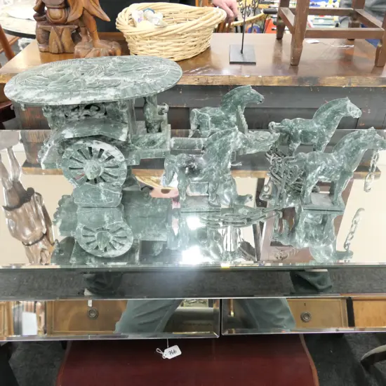 LARGE CARVED JADE HORSE AND CART W/ CHAIN ORNAMENT