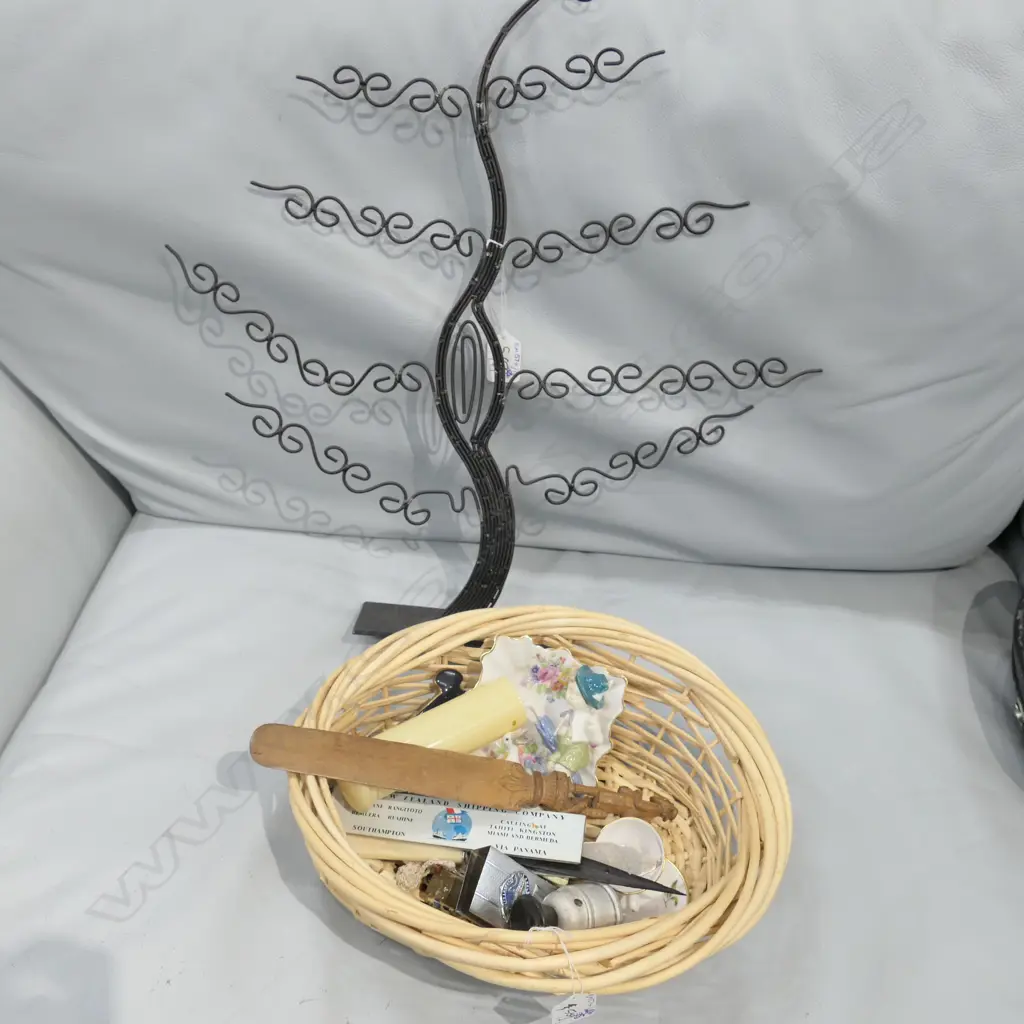 BASKET OF MISC. CHINA; & METAL EARRING TREE Image 1++