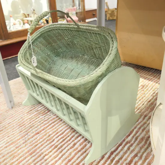 VINTAGE TOY CRADLE AND BASKET L 460 MM