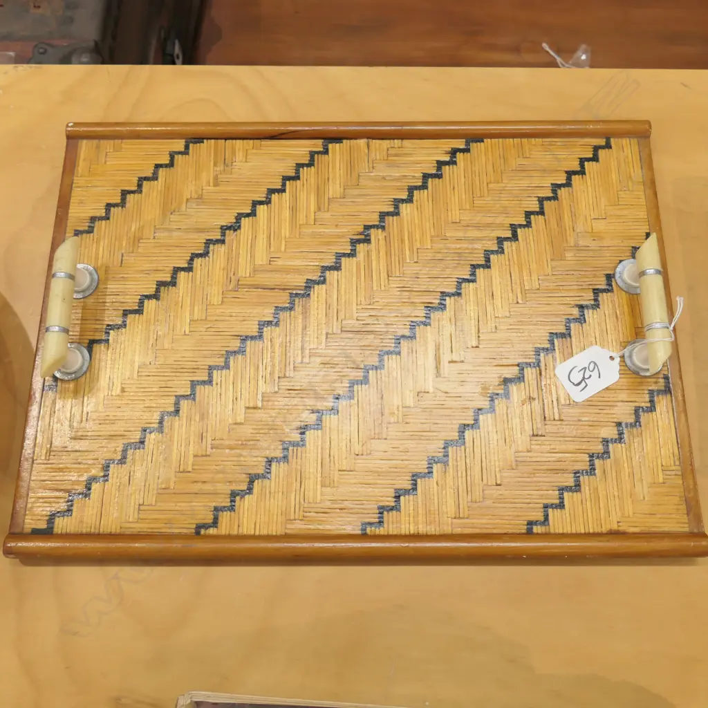 30'S FOLK ART MATCHSTICK TRAY L. 370MM Image 1++