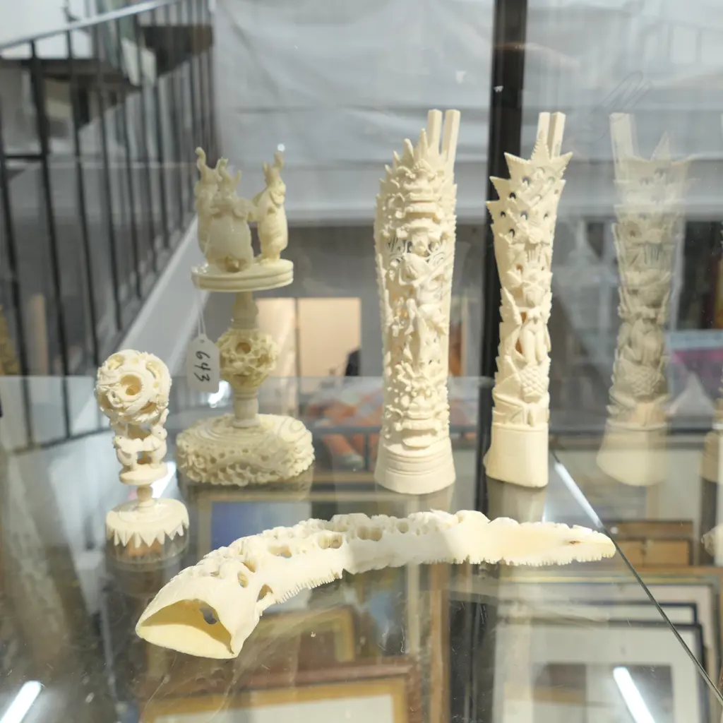 6 + 4 BONE AND RESIN ITEMS, 4 CHOPSTICKS, CARVED TUSK, PAIR OF DEMONS, BALL. Image 1++