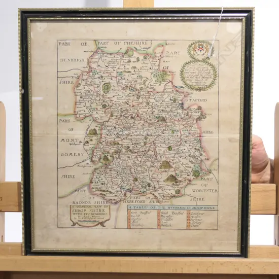 FRAMED MAP OF SHROPSHIRE H/COLOURED 18THC