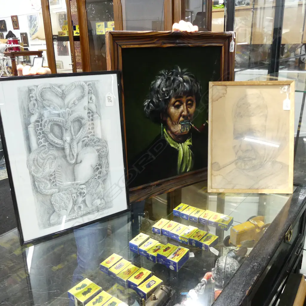 MAORI WOMAN PAINTING ON VELVET 'ENA' + 2 PENCIL SKETCHES - LARGEST 420 X 370 Image 1++