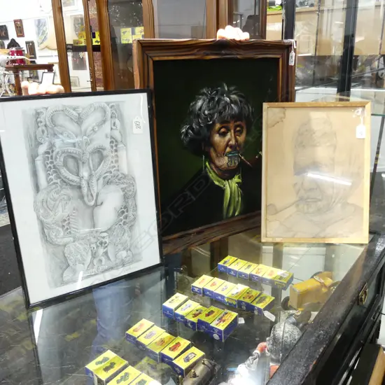 MAORI WOMAN PAINTING ON VELVET 'ENA' + 2 PENCIL SKETCHES - LARGEST 420 X 370