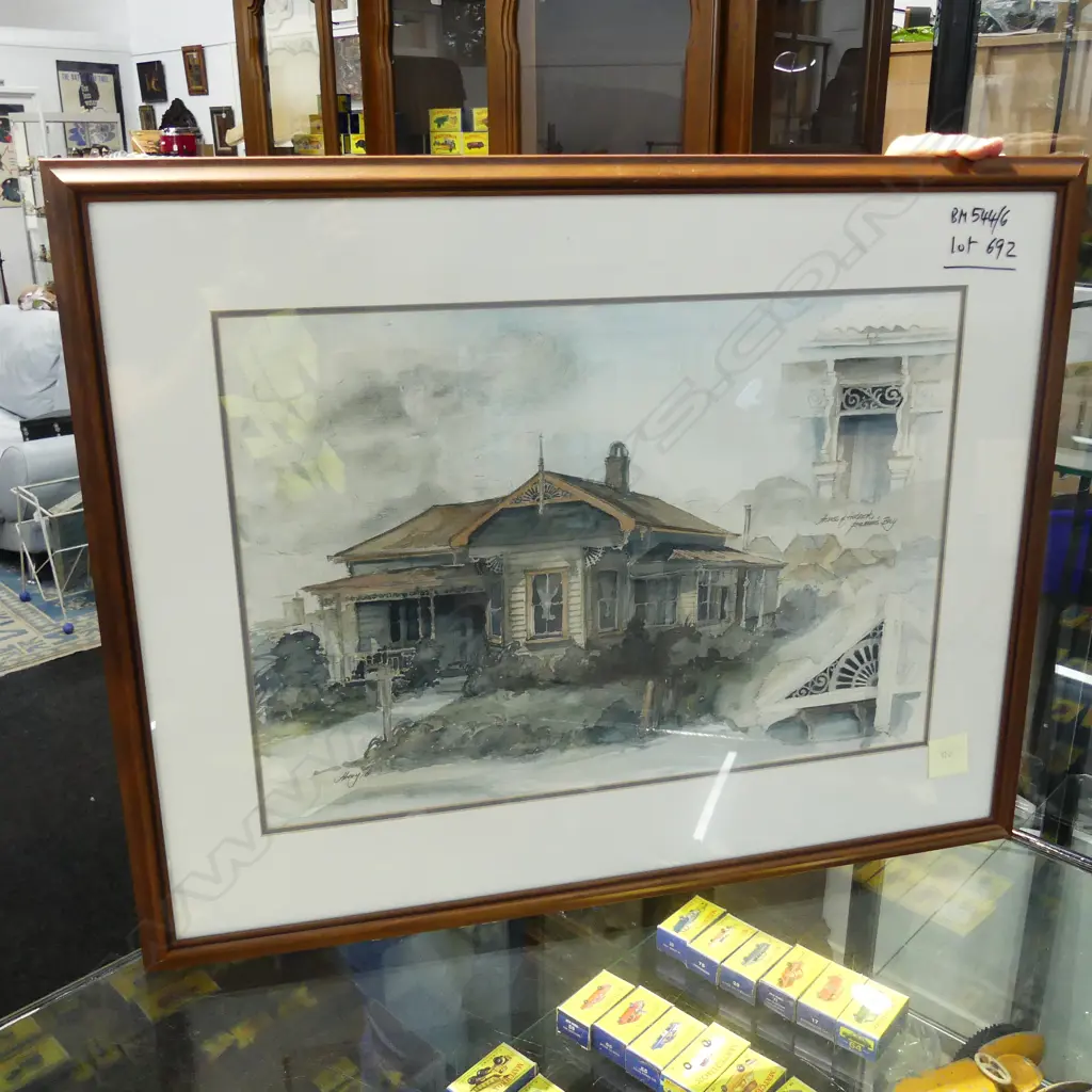 HENRY, 'HOUSE & FRETWORK FREEMANS BAY' WATERCOLOUR, SIGNED & DATED '76. 360 X 520mm Image 1++