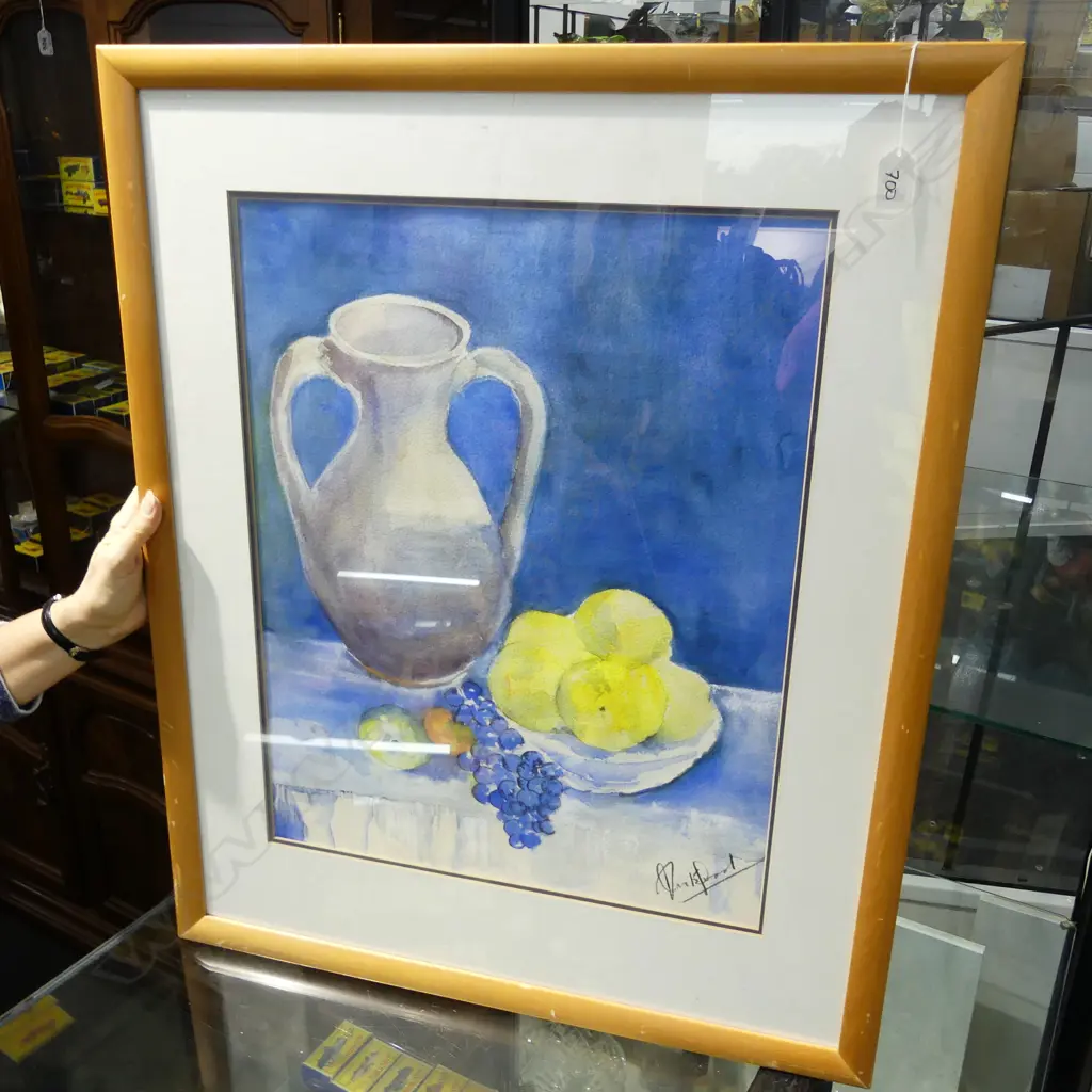 NZ ARTIST UNKNOWN 'GRECIAN POT WITH FRUIT' WATERCOLOUR SIGNED 540 X 420mm Image 1++
