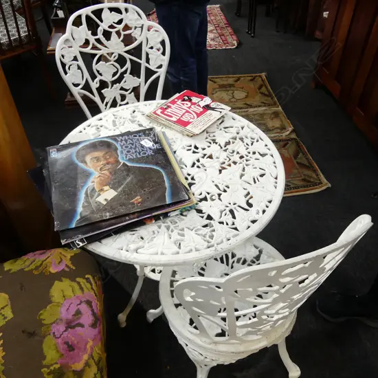 'UNDERWOOD OF INGLEWOOD' METAL OUTDOOR TABLE AND TWO CHAIRS