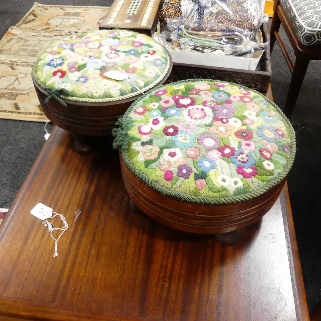 PAIR OF CIRCULAR NEEDLEPOINT FOOTSTOOLS Image 1++