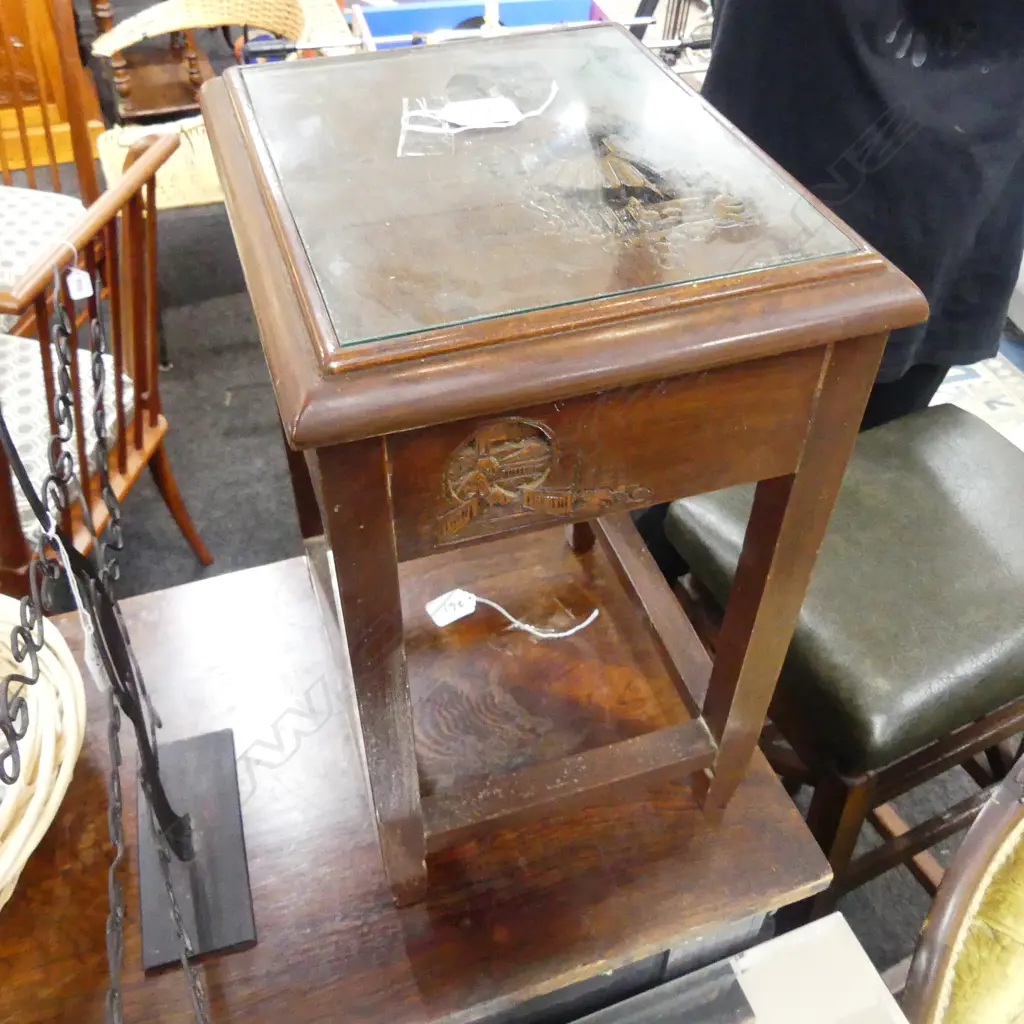 WOODEN CARVED ASIAN SMALL SIDE TABLE W. GLASS TOP. Image 1++