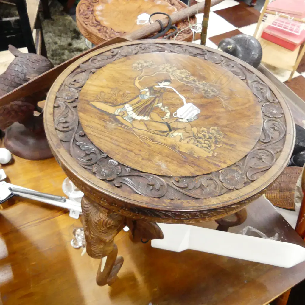 WOODEN CARVED INLAID INDIAN STOOL W. 3 ELEPHANT TUSK LEGS H. 390MM Image 1++