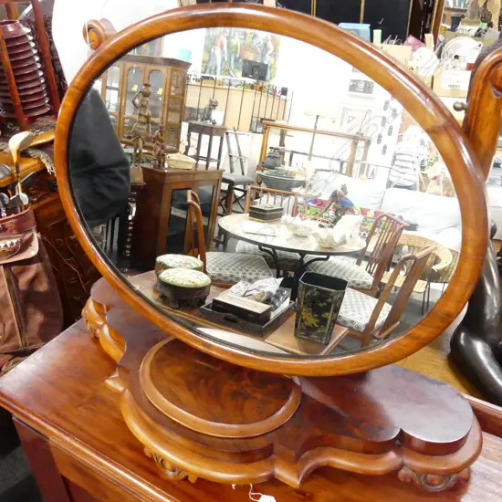 VICTORIAN OVAL TOILET MIRROR AND STAND. H. 900 MM