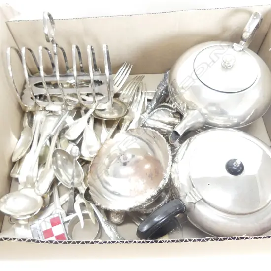BOX SILVER PLATE CUTLERY, TEAPOTS, TOAST RACK, ETC