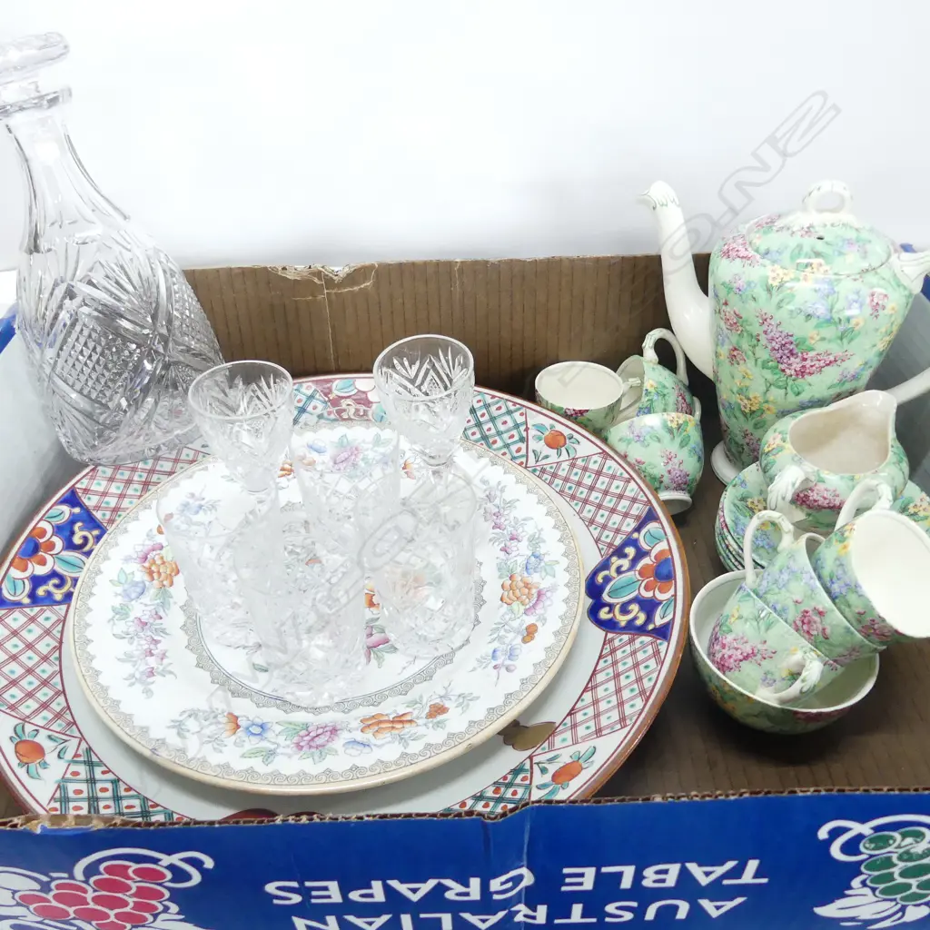 LOT ASST CRYSTAL + CHINA INCL. HAND PAINTED CHARGER / EMPIRE 'LILAC TIME' TEASET ETC Image 1++