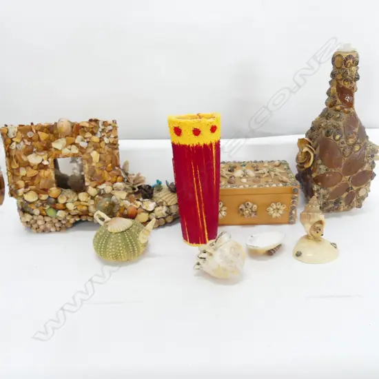 LOT ASST FOLK ART SHELL SCULPTURES INCL. OLD LADY LIVES IN A SHOE