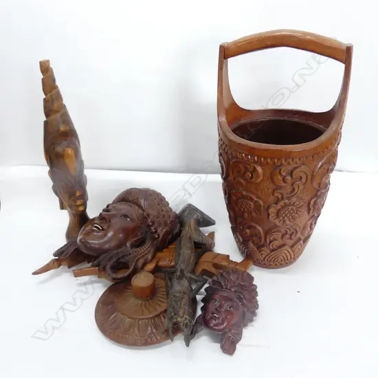 MODEL OF RICE BUCKET, TWO WOODEN FIGURINES, 2 HEADS, WALL PLAQUE MAN.