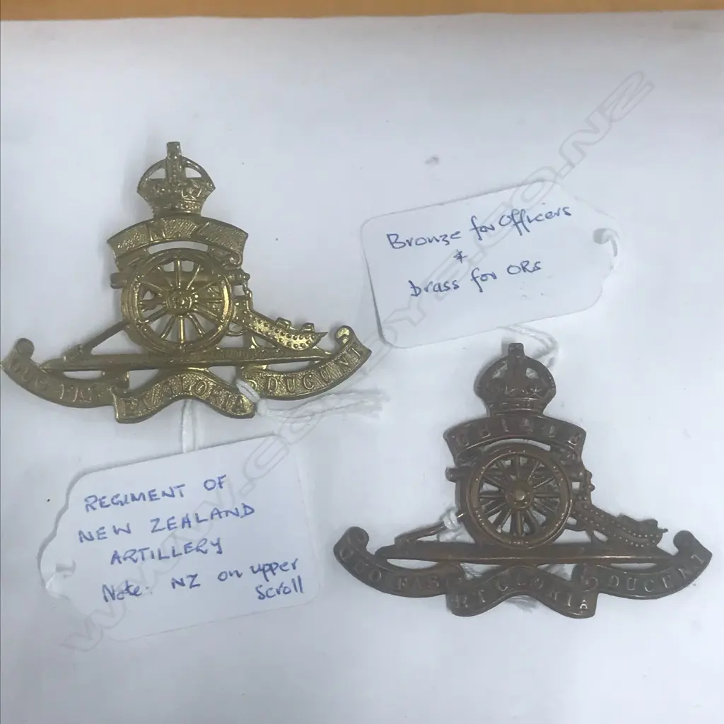 2 CAP BADGES: REGT OF NZ ARTILLERY [NZ in TS. KC. gilt]; ROYAL REGT OF NZ ARTILLERY (2) Image 1++