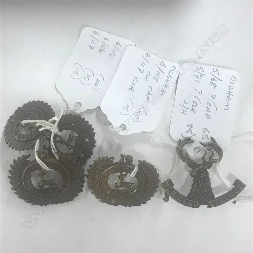 CAP/COLLAR SET 12th (NELSON) REGT; 12th (NELSON & MARLBOROUGH) REGT [1917]; 10th (NELSON) MTD RIFLES BADGES (5) Image 1++