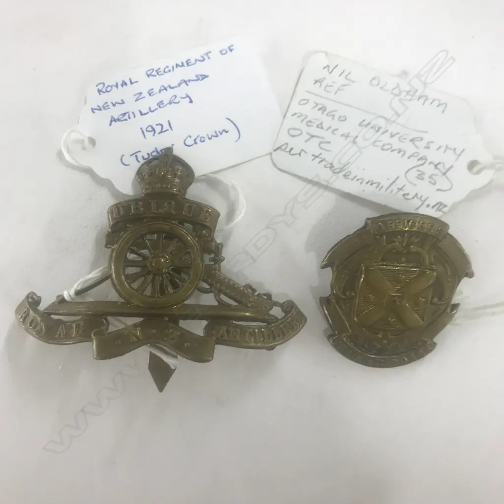 ROYAL REGT of NZ ARTILLERY [1921]; OFFICER TRAINING CORPS [OTAGO UNI MEDICAL CPY] BADGES (2) Image 1++