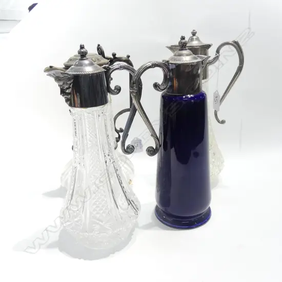 FOUR ASST EP AND CRYSTAL CLARET JUGS H. 270MM