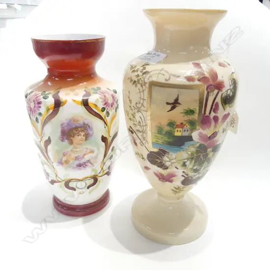  2 VICTORIAN MILK GLASS VASES H. 370MM