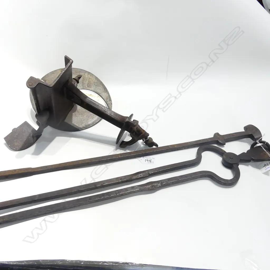 TWO FIRE IMPLEMENTS - TONG AND POKER, BEAN SLICER Image 1++