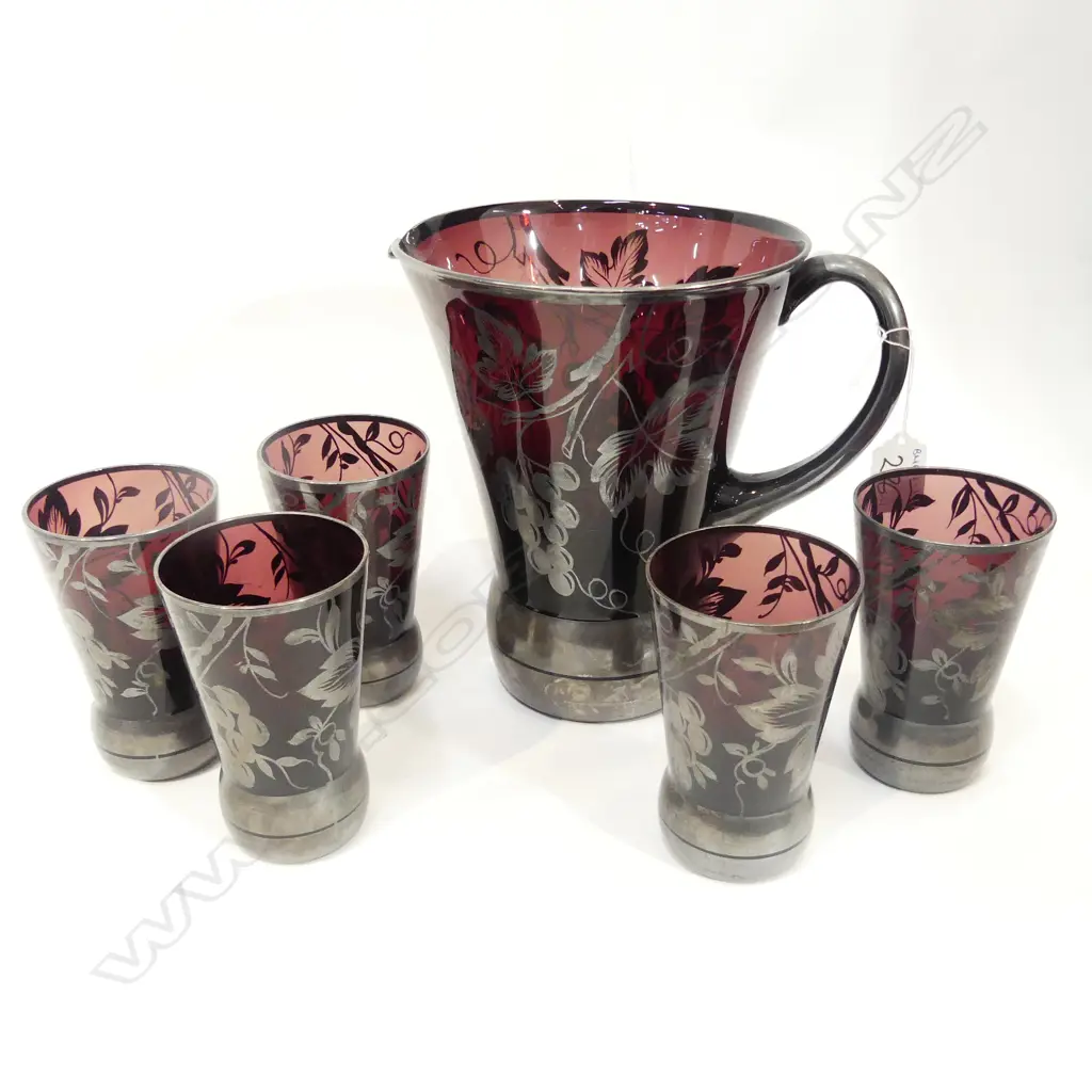 VENETIAN SILVERED GLASS JUG + TUMBLERS Image 1++