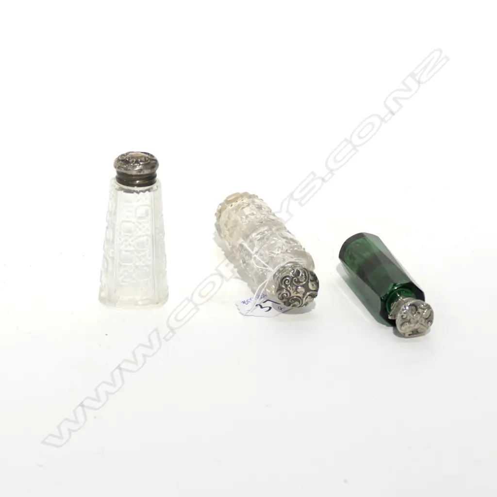 3 SILVER & CRYSTAL PERFUME BOTTLES; DOUBLE ENDED ETC AF Image 1++