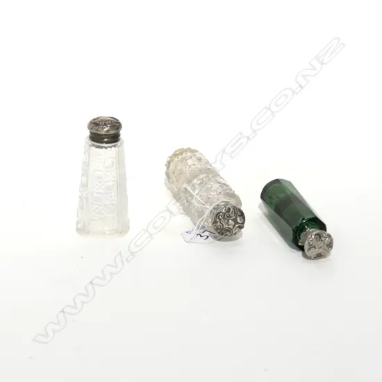 3 SILVER & CRYSTAL PERFUME BOTTLES; DOUBLE ENDED ETC AF