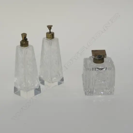 3 CRYSTAL & BRASS LIDDED ATOMISER PERFUME BOTTLES