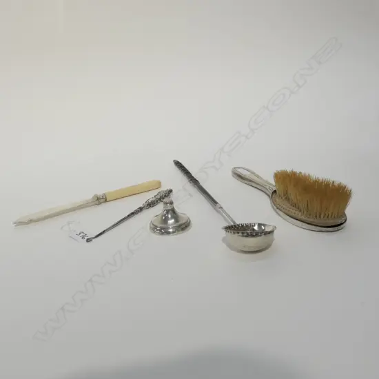 5 SILVER ITEMS -TODDY LADLE, FISH KNIFE, HAIRBRUSH, BUTTON-HOOK, PAPER-WEIGHT (AF)
