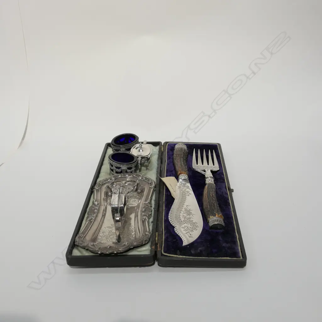 ANTLER HANDLED FISH SET, CANDLE SNUFFERS & TRAY, PR SALTS & MUSTARD POT Image 1++
